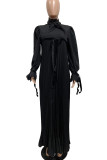 Zwart Casual Solid Patchwork Rechte jurken met vouwlint Kraag