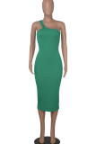 Green Sexy Casual Solid Backless Oblique Collar Sleeveless Dress Dresses