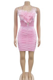 ピンク セクシー ソリッド パッチワーク フェザー フォールド ホルター ペンシル スカート ドレス