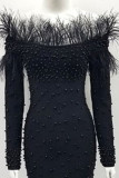 Черные элегантные однотонные лоскутные перья с бисером с открытыми плечами Вечернее платье Платья