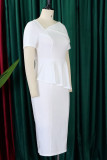 White Elegant Solid Patchwork Oblique Collar One Step Skirt Dresses