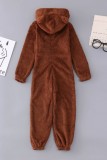 Coffee Casual Living Solid Patchwork Hooded Collar Regular Jumpsuits