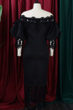 Vestidos de saia de um degrau em patchwork preto elegante e liso (sem broche)
