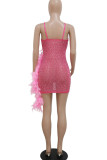 Pink Sexy Solid Patchwork Feathers Hot Drill Spaghetti Strap Sling Dress Kleider