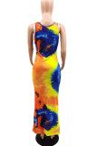 Rose Red Casual Print Tie Dye Patchwork U Neck Straight Dresses