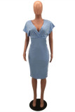 Light Blue Fashion Solid Beading V Neck Short Sleeve Dress