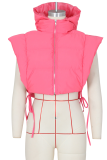 Pink Casual Solid Draw String Mandarin Collar Outerwear