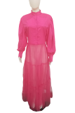 Розово-красное повседневное лоскутное однотонное сетчатое платье без пояса с воротником-стойкой Нерегулярное платье Платья больших размеров