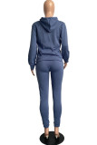 Tibetan Blue Fashion Casual Solid Basic Hooded Collar Long Sleeve Two Pieces