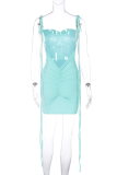 Light Blue Sexy Solid Backless Fold Strap Design Spaghetti Strap Dresses