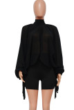 Black Sexy Solid Patchwork See-through Asymmetrical Half A Turtleneck Tops