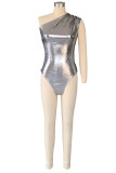 Silver Black Sexy Solid Patchwork Oblique Collar Sleeveless Two Pieces