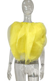 Yellow Fashion Sweet Solid Patchwork Asymmetrical O Neck Tops