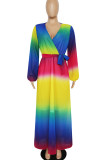Rainbow Color Casual Elegant Print Patchwork V-hals Raka klänningar