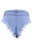 Pantalones cortos de mezclilla de cintura alta de patchwork sólido azul claro de Street