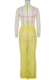 Yellow Sexy Solid Hollowed Out Patchwork Halter Sleeveless Two Pieces