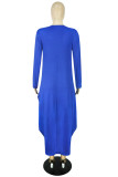 Vestidos de manga comprida assimétricos azul moda casual assimétrico com gola O