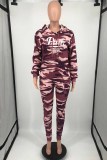 Tangerine Red Casual Camouflage Print Letter Hooded Collar Long Sleeve Two Pieces