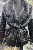Black Casual Solid Bandage Patchwork Feathers Outerwear
