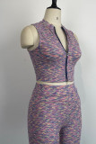 Púrpura casual estampado patchwork cuello con cremallera sin mangas dos piezas