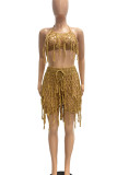 Khaki Sexy Solid Tassel Hollowed Out Patchwork Halter Sleeveless Two Pieces
