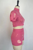 Pink Sexy Solid Hollowed Out Patchwork Half A Turtleneck Short Sleeve Two Pieces