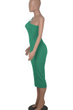 Vestido verde sexy casual sólido sem costas gola oblíqua sem mangas