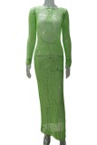 Vert Sexy solide évidé transparent fente O cou longue robe robes
