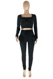 Black Casual Solid Bandage Patchwork Flounce Fold Square Collar Long Sleeve Two Pieces