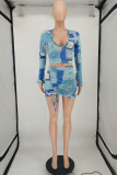 Blue Sexy Casual Print Patchwork V Neck Long Sleeve Two Pieces