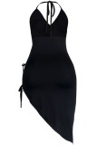 Black Sexy Patchwork Hollowed Out Sequins Frenulum Backless Halter Irregular Dress Dresses