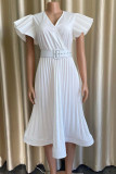 White Casual Solid Patchwork Fold V Neck Straight Dresses