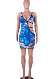 Sky Blue Sexy Print Hollowed Out Patchwork Spaghetti Strap Pencil Skirt Dresses