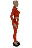 Tangerine Red Sexy Street Solid Hollowed Out Patchwork Zipper Collar Long Sleeve Two Pieces