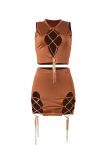 Brown Sexy Solid Hollowed Out O Neck Sleeveless Two Pieces