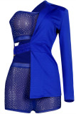 Royal Blue Sexy Patchwork Hot Drilling See-through Backless One Shoulder Long Sleeve Two Pieces