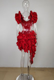 Tangerina Vermelho Sexy Patchwork Sólido Gola em V Vestidos Irregulares