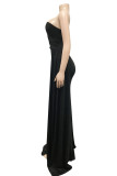 Black Fashion Sexy Solid Patchwork Backless Slit One Shoulder Evening Dress