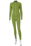 Green Sportswear Solid Patchwork Zipper Collar Long Sleeve Two Pieces