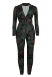 Camouflage Fashion Casual Print Cardigan Pantalon Turndown Collar Plus Size Two Pieces