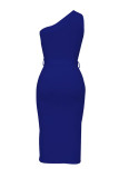 Colorido azul sexy sólido vendaje patchwork asimétrico cuello oblicuo vestido irregular vestidos