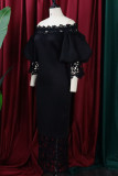 Черные элегантные однотонные платья в стиле пэчворк с открытыми плечами и юбкой на один шаг (без броши)