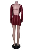 Burgundy Sexy Solid Hollowed Out Backless O Neck Long Sleeve Dresses