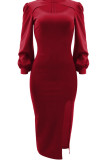 Red Elegant Solid Hollowed Out Patchwork Slit O Neck Wrapped Skirt Dresses