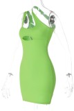 Green Sexy Solid Hollowed Out Backless Oblique Collar Sleeveless Dress Dresses