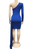 Синий сексуальный сплошной пэчворк асимметричный косой воротник юбка-карандаш платья