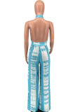 Blue Sexy Print Patchwork Backless Halter Straight Jumpsuits