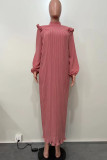 Pink Casual Solid Patchwork Fold O Neck Straight Dresses