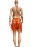 Tangerine Red Sexy Solid Tassel Hollowed Out Patchwork Halter Sleeveless Two Pieces