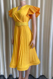 Yellow Casual Solid Patchwork Fold V Neck Straight Dresses